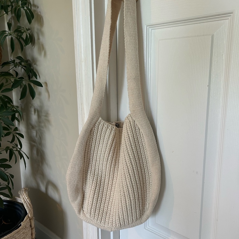 Cream Knit Shoulder Bag - Casual Everyday Tote